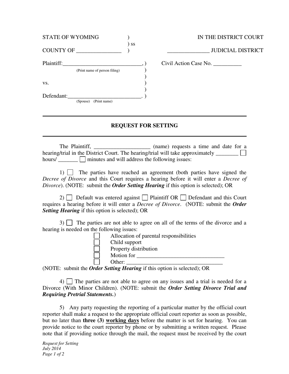 Request for Setting - Divorce With Minor Children - Plaintiff - Wyoming, Page 1