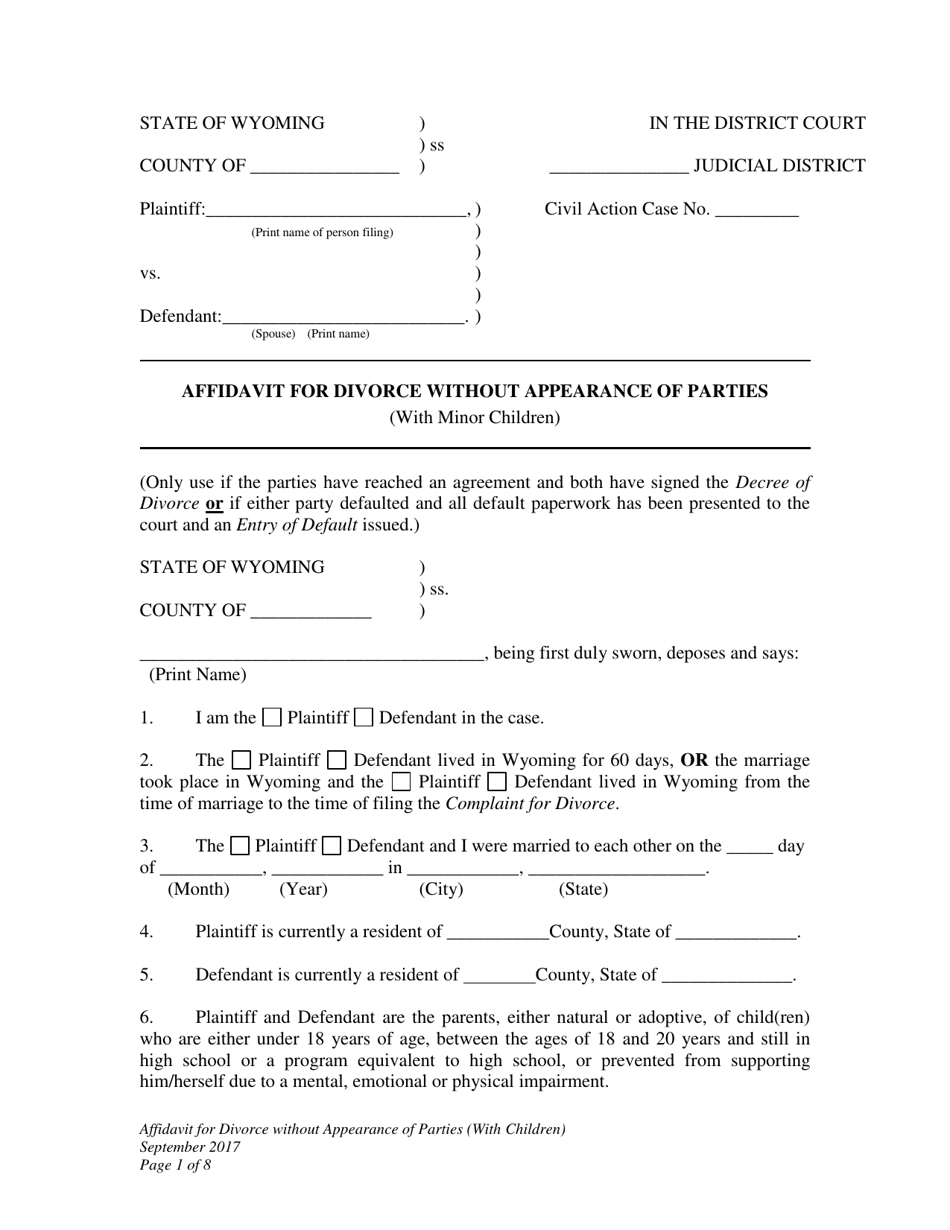 Wyoming Affidavit for Divorce Without Appearance of Parties (With Minor ...