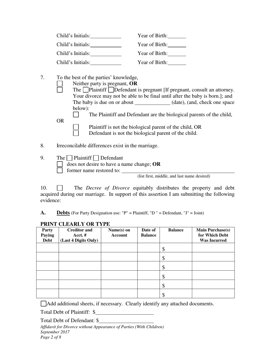 Affidavit for Divorce Without Appearance of Parties (With Minor Children) - Wyoming, Page 2
