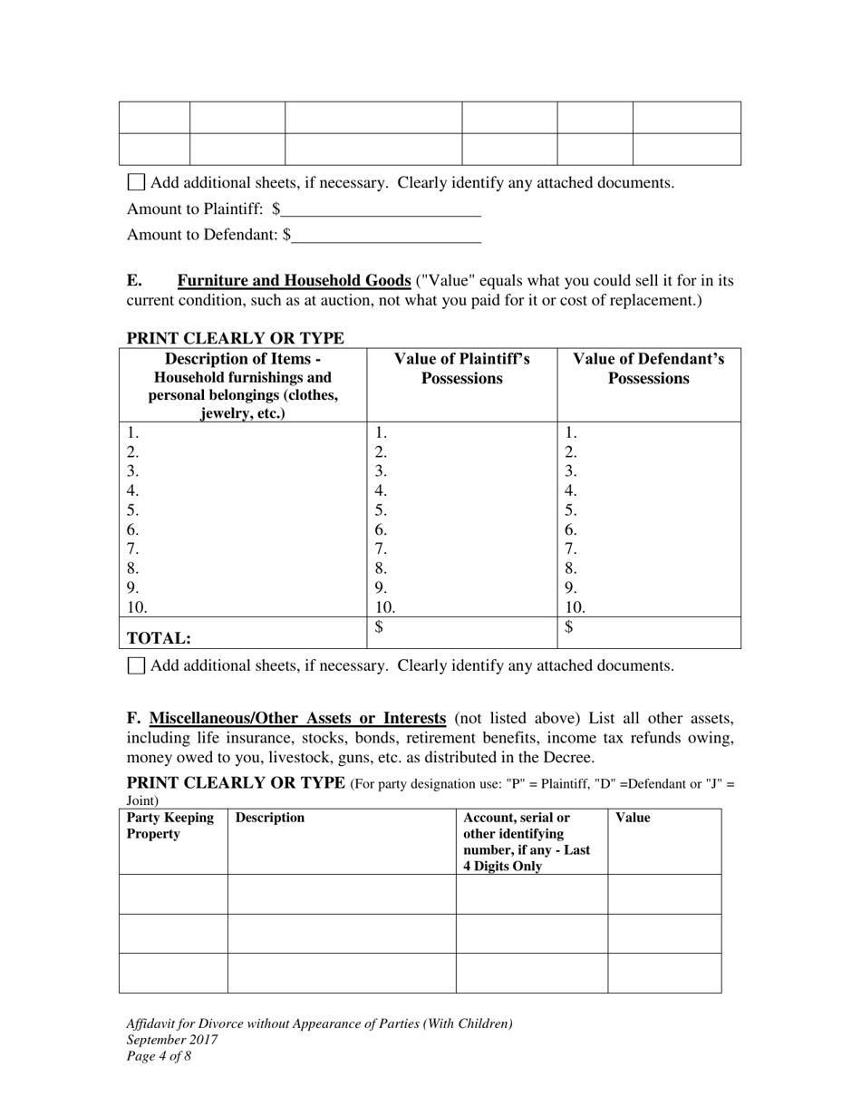 Affidavit for Divorce Without Appearance of Parties (With Minor Children) - Wyoming, Page 4