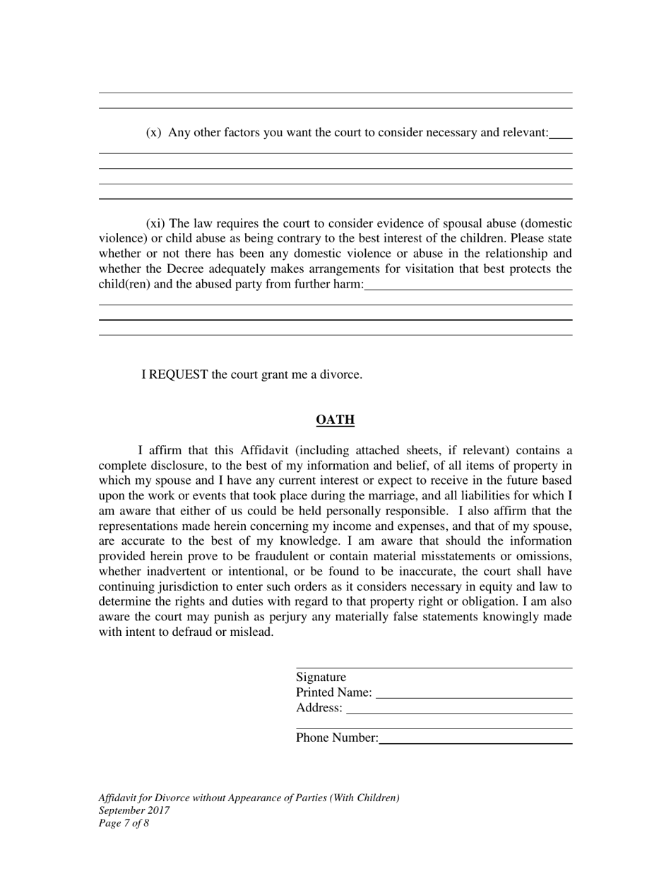 Affidavit for Divorce Without Appearance of Parties (With Minor Children) - Wyoming, Page 7