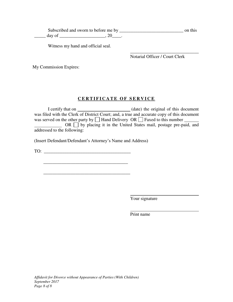 Affidavit for Divorce Without Appearance of Parties (With Minor Children) - Wyoming, Page 8