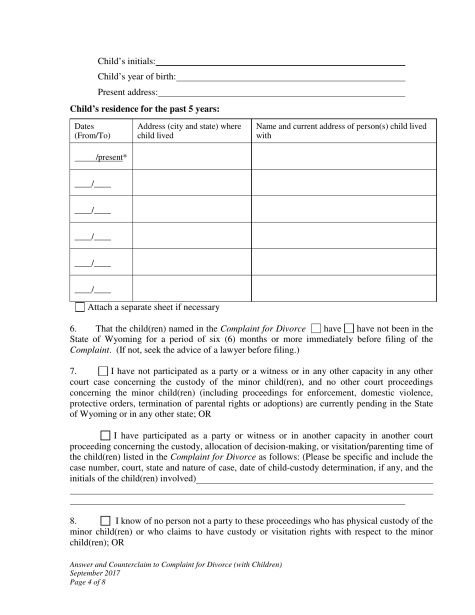 Answer and Counterclaim to Complaint for Divorce (With Children) - Wyoming, Page 4