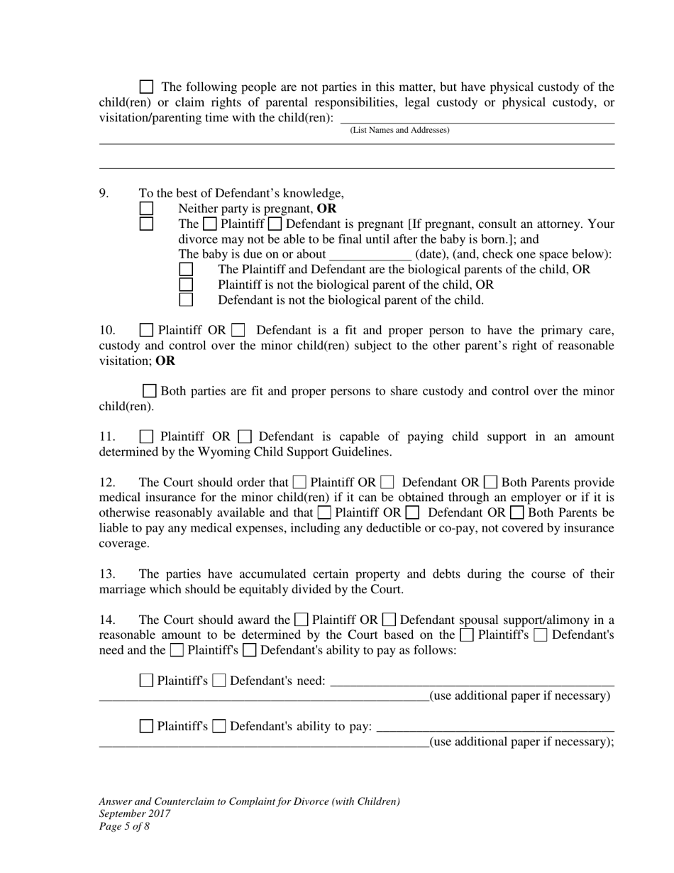 Answer and Counterclaim to Complaint for Divorce (With Children) - Wyoming, Page 5