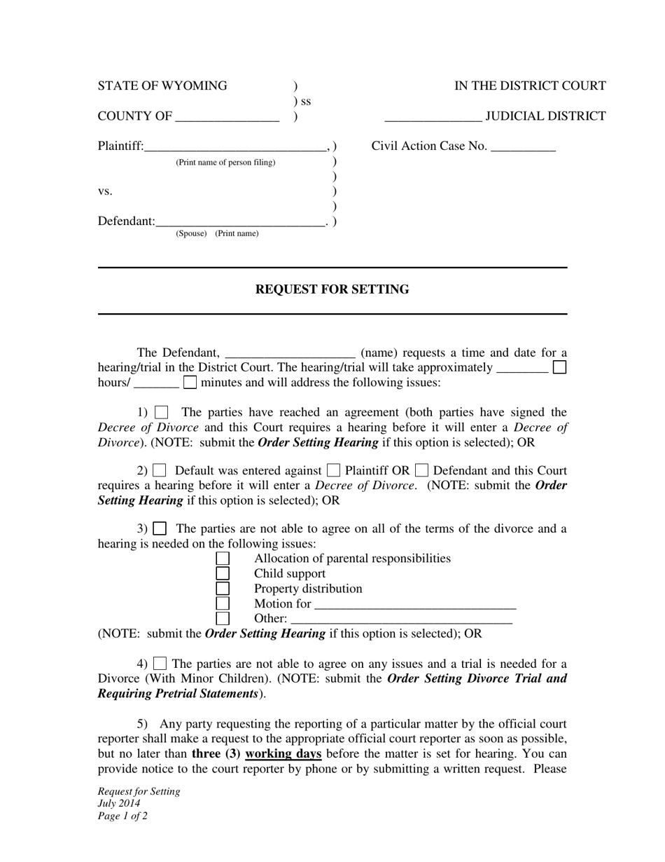 Request for Setting - Divorce With Minor Children - Defendant - Wyoming, Page 1