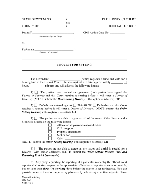 Request for Setting - Divorce With Minor Children - Defendant - Wyoming Download Pdf