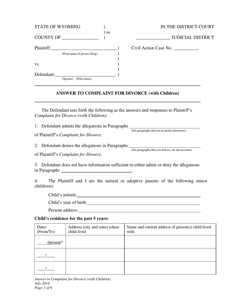 Answer to Complaint for Divorce (With Children) - Wyoming, Page 1