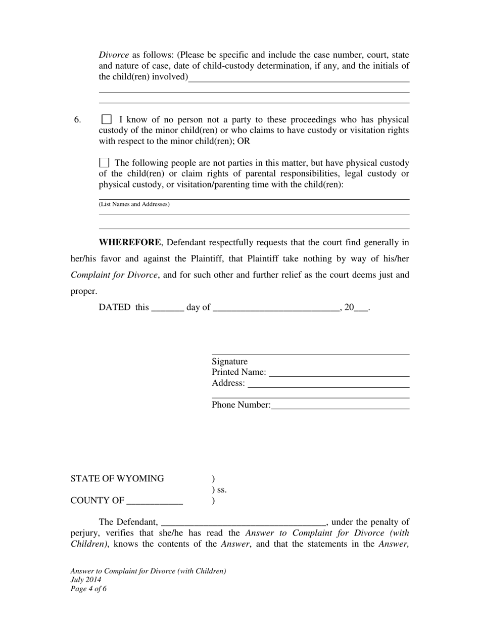 Wyoming Answer to Complaint for Divorce (With Children) - Fill Out ...