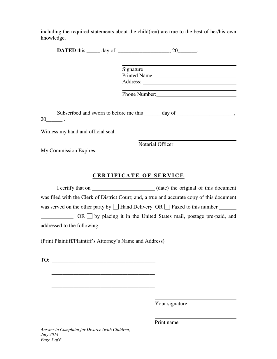 Answer to Complaint for Divorce (With Children) - Wyoming, Page 5