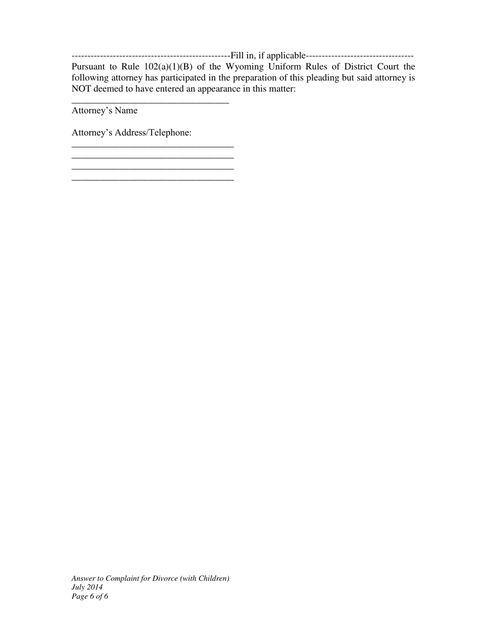 Answer to Complaint for Divorce (With Children) - Wyoming, Page 6