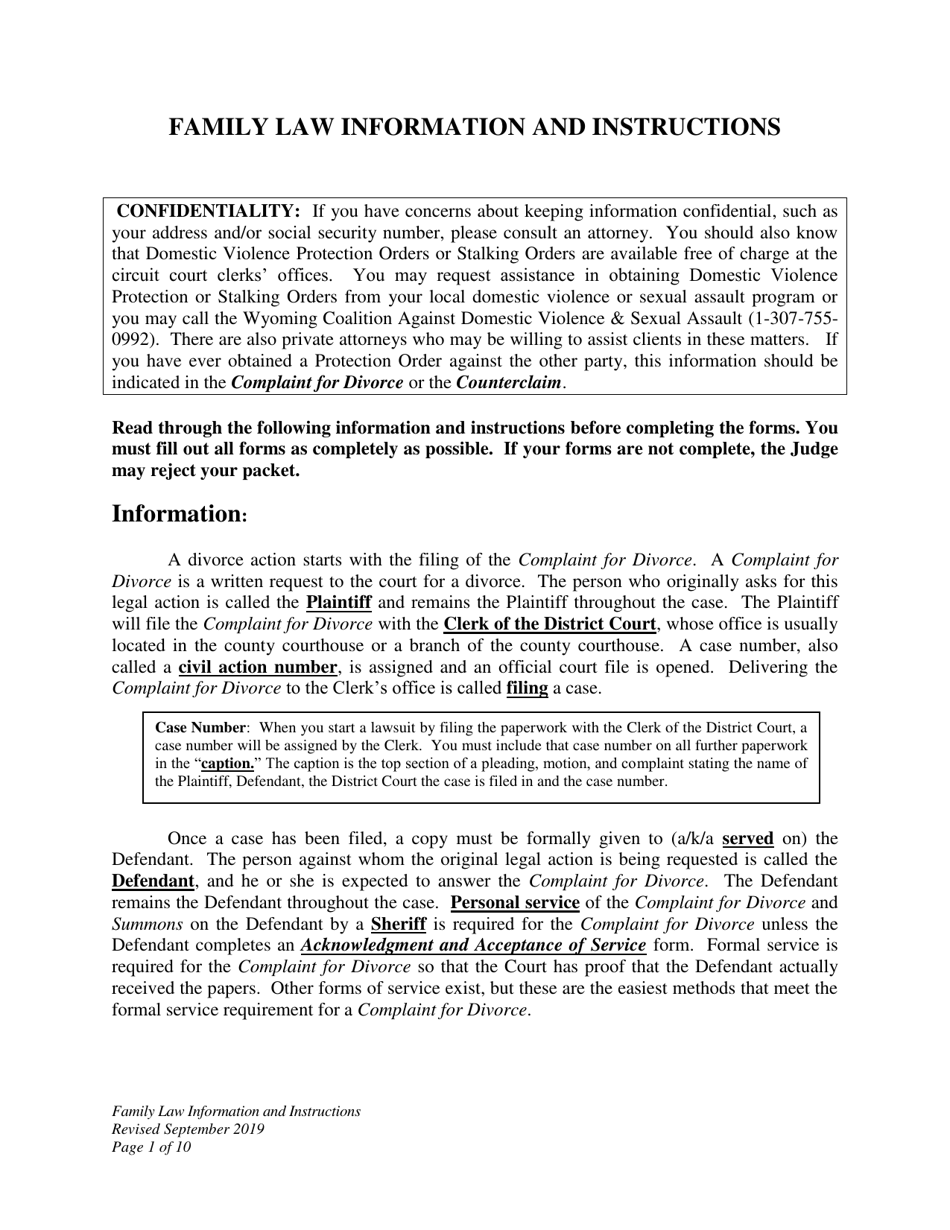 Wyoming Family Law Information and Instructions Divorce With No