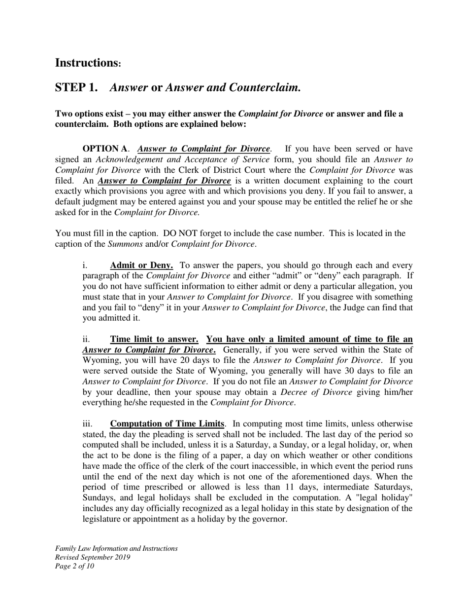 Family Law Information and Instructions - Divorce With No Children - Wyoming, Page 2