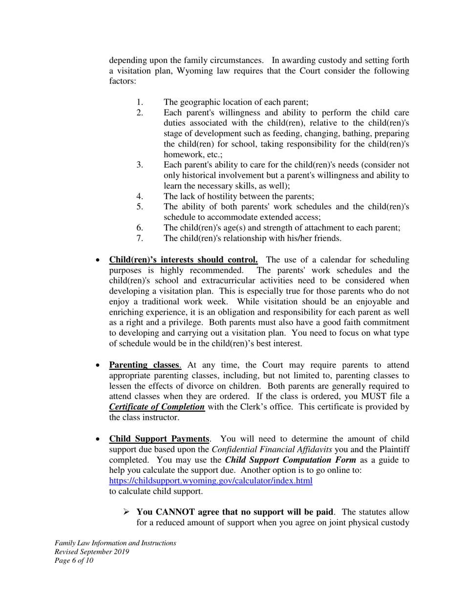 Family Law Information and Instructions - Divorce With No Children - Wyoming, Page 6