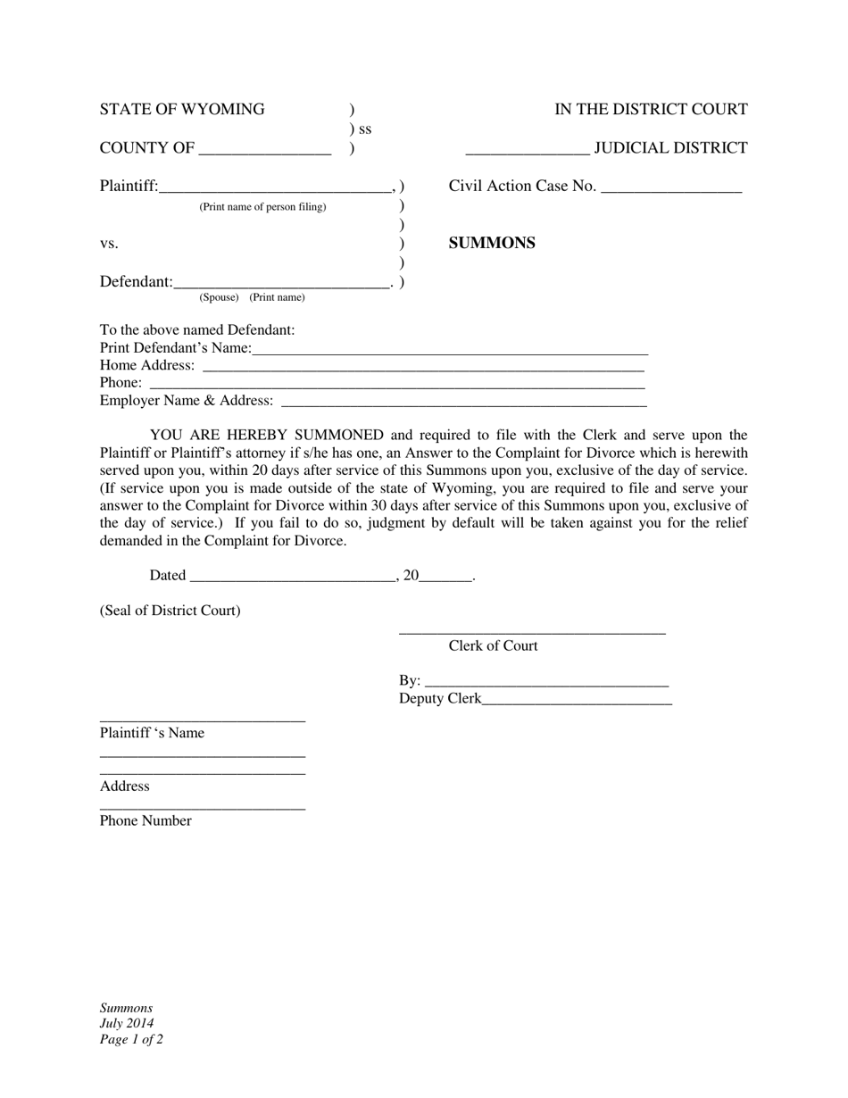 Summons - Divorce With No Children - Plaintiff - Wyoming, Page 1