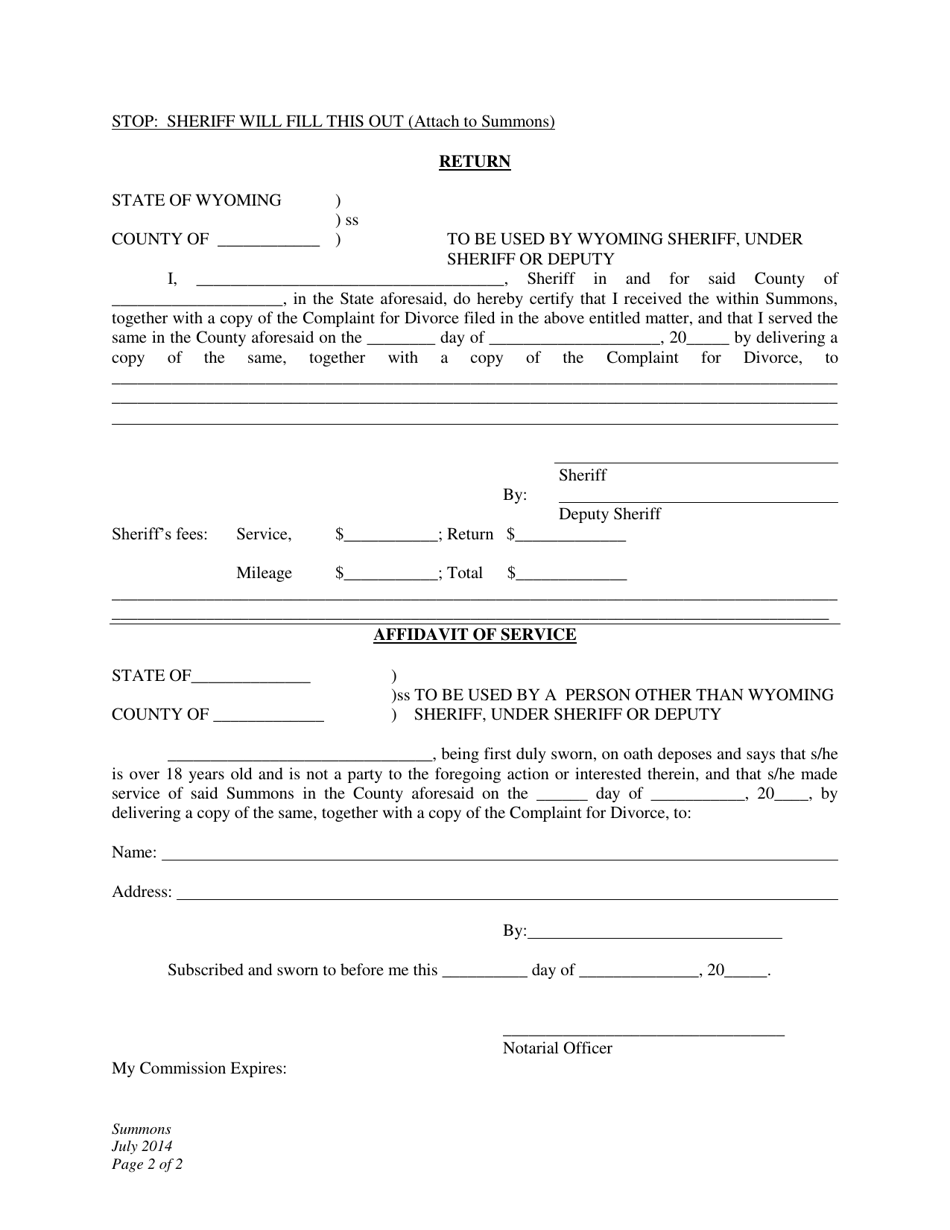 Summons - Divorce With No Children - Plaintiff - Wyoming, Page 2