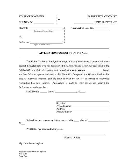 Application for Entry of Default - Divorce With No Children - Plaintiff - Wyoming Download Pdf