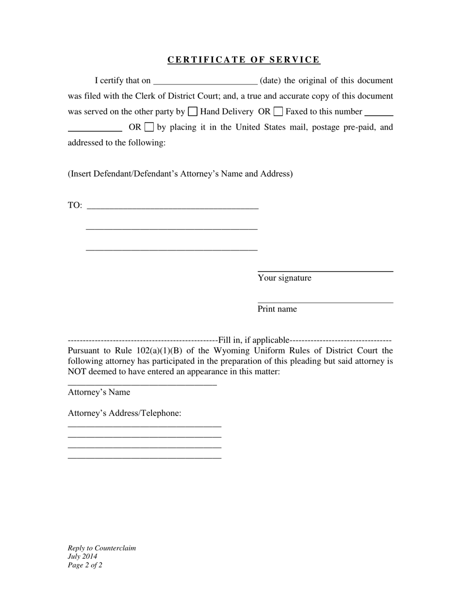 Reply to Counterclaim - Divorce - Wyoming, Page 2
