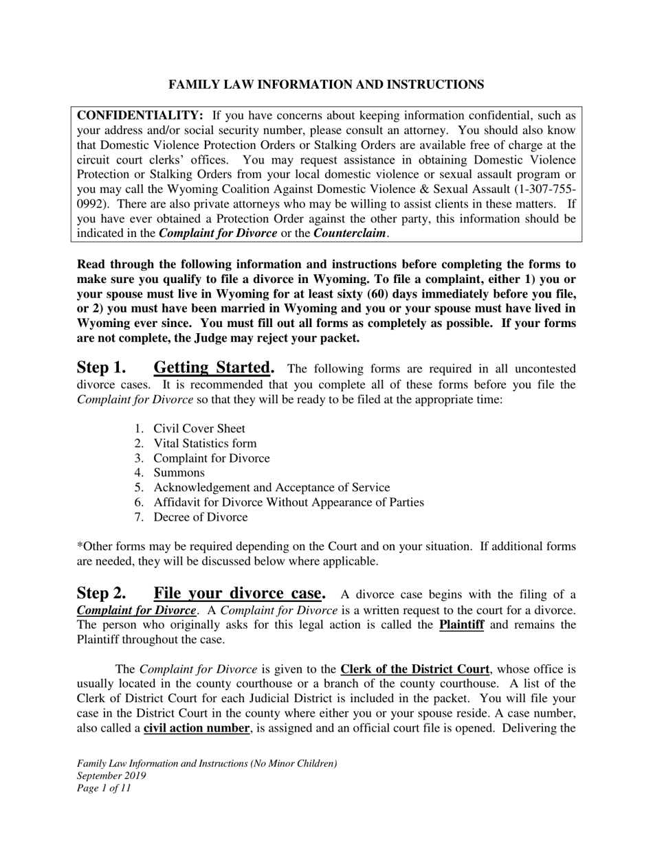 Family Law Information and Instructions (No Minor Children) - Wyoming, Page 1