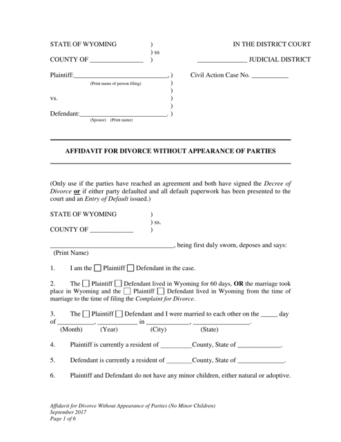 Affidavit for Divorce Without Appearance of Parties (No Minor Children) - Wyoming Download Pdf