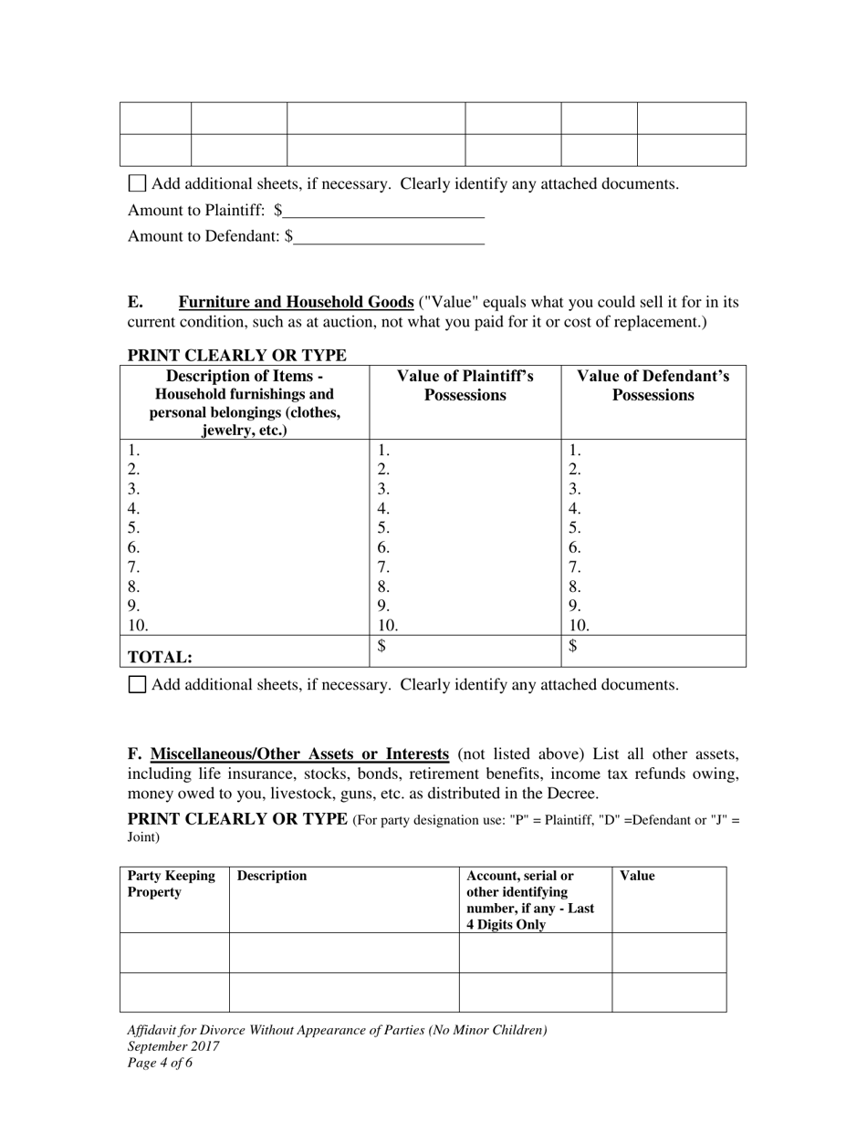Affidavit for Divorce Without Appearance of Parties (No Minor Children) - Wyoming, Page 4