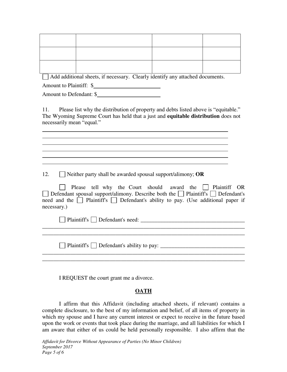 Affidavit for Divorce Without Appearance of Parties (No Minor Children) - Wyoming, Page 5