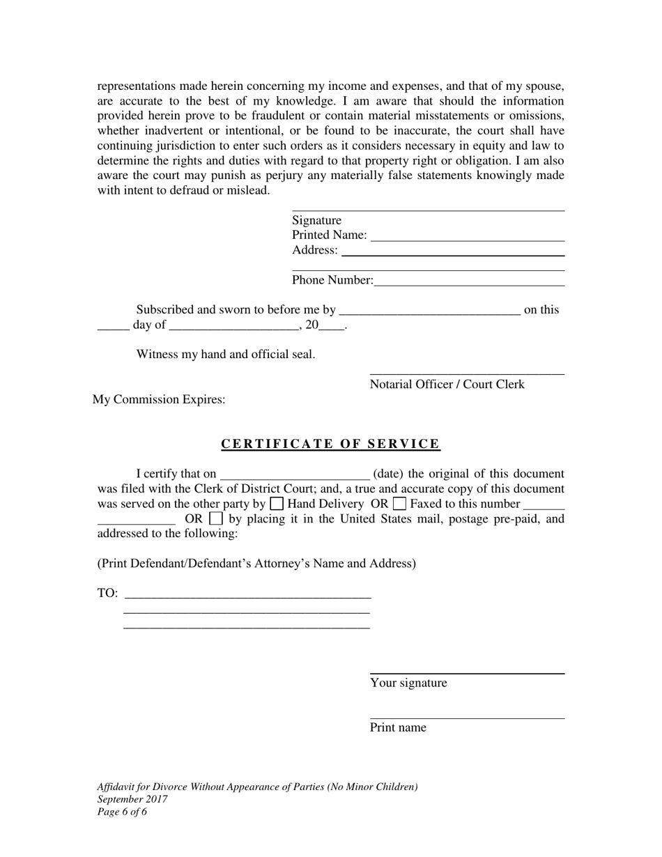 Affidavit for Divorce Without Appearance of Parties (No Minor Children) - Wyoming, Page 6