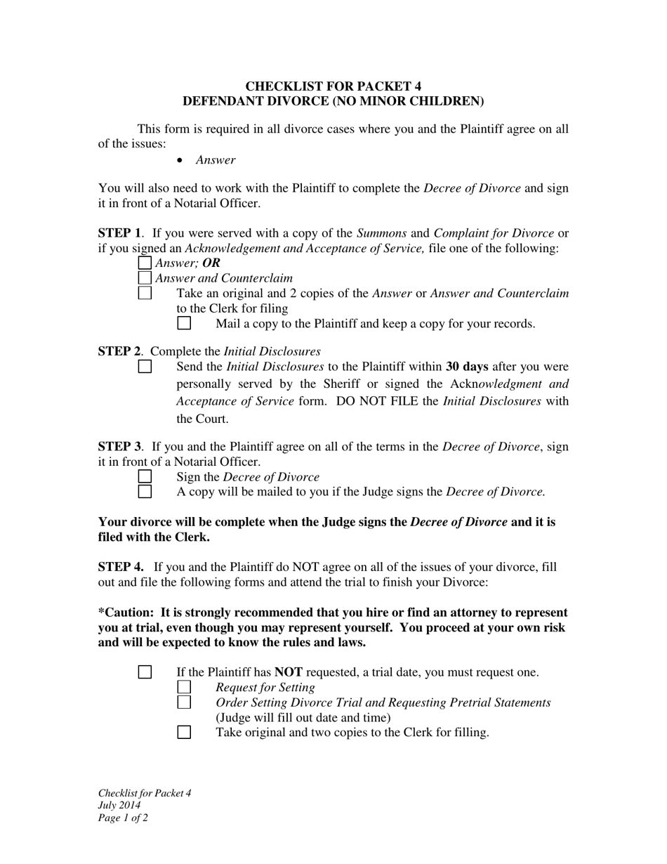 Checklist for Packet 4 Defendant Divorce (No Minor Children) - Wyoming, Page 1