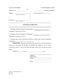 Document preview: Answer to Complaint for Divorce (No Children) - Wyoming