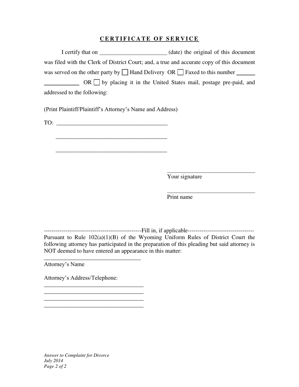 Answer to Complaint for Divorce (No Children) - Wyoming, Page 2