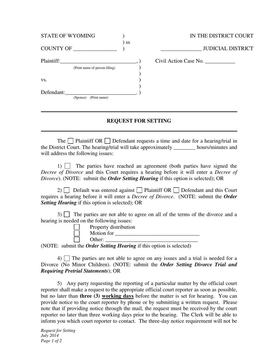 Request for Setting - Divorce - Wyoming, Page 1