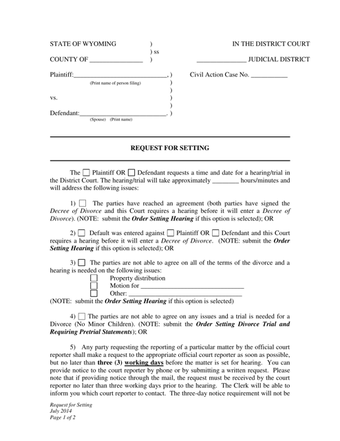 Request for Setting - Divorce - Wyoming Download Pdf