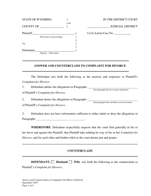 Answer and Counterclaim to Complaint for Divorce (No Minor Children) - Wyoming Download Pdf