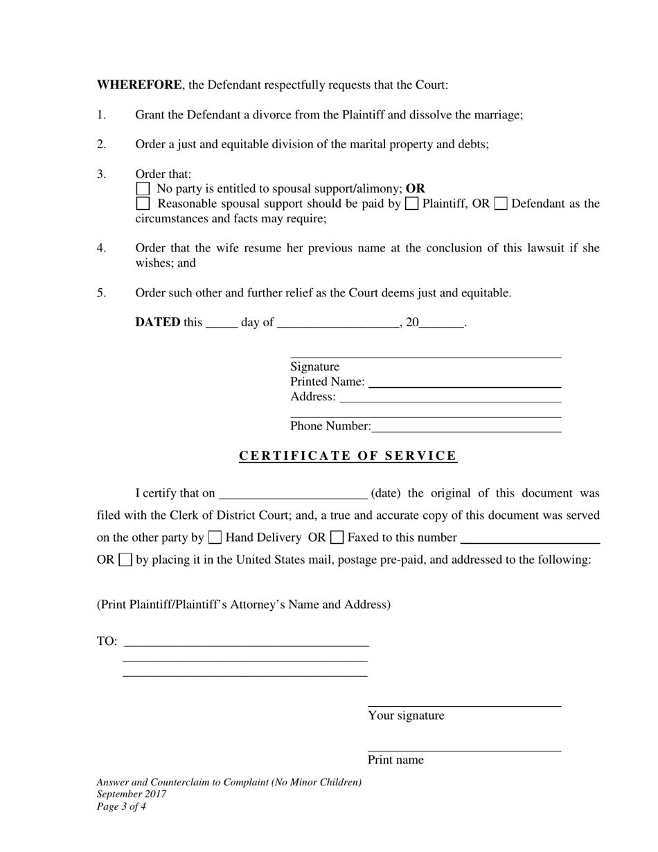 Wyoming Answer and Counterclaim to Complaint for Divorce (No Minor ...