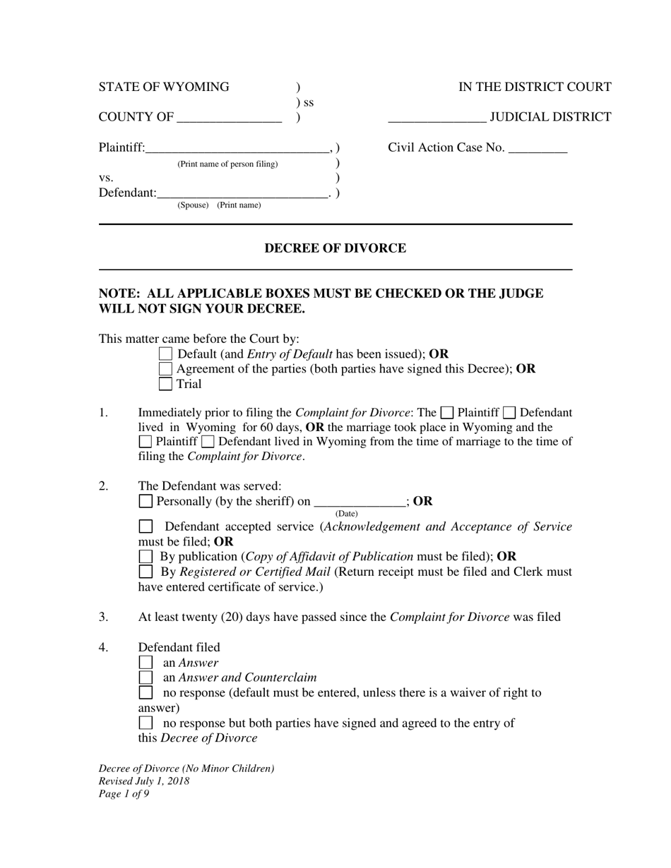 Wyoming Decree of Divorce (No Minor Children) - Fill Out, Sign Online ...