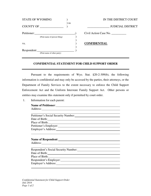 Confidential Statement for Child Support Order - Wyoming Download Pdf