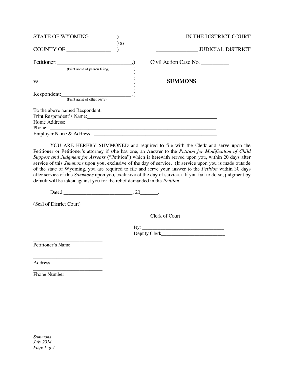Summons - Child Support Modification - Wyoming, Page 1