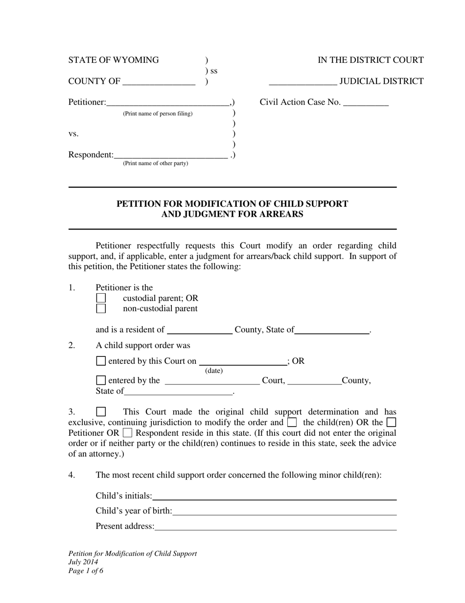 Petition for Modification of Child Support and Judgment for Arrears - Wyoming, Page 1