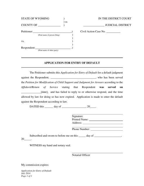 Application for Entry of Default - Child Support Modification - Wyoming Download Pdf