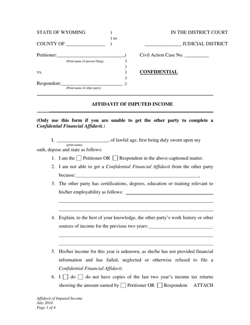 Affidavit of Imputed Income - Wyoming Download Pdf