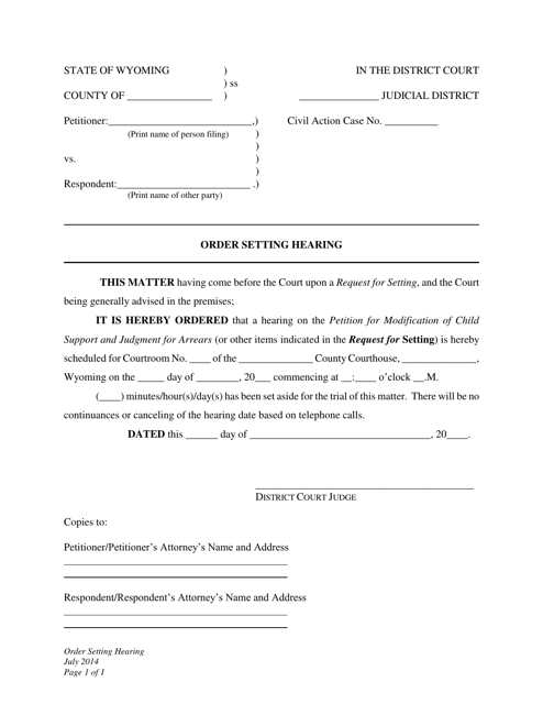 Order Setting Hearing - Child Support Modification - Wyoming Download Pdf