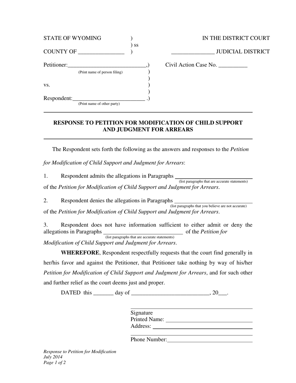 Response to Petition for Modification of Child Support and Judgment for Arrears - Wyoming, Page 1