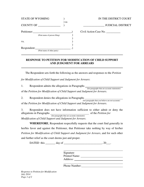 Response to Petition for Modification of Child Support and Judgment for Arrears - Wyoming Download Pdf