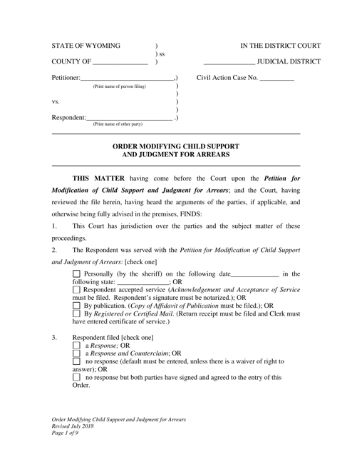 Order Modifying Child Support and Judgment for Arrears - Wyoming Download Pdf