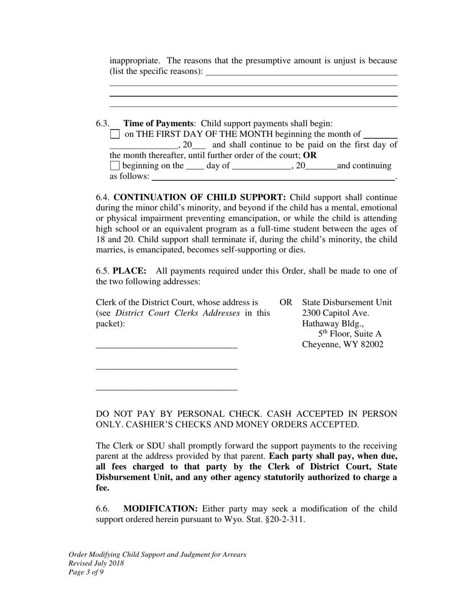 Order Modifying Child Support and Judgment for Arrears - Wyoming, Page 3