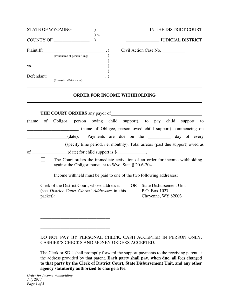 Order for Income Withholding - Wyoming, Page 1