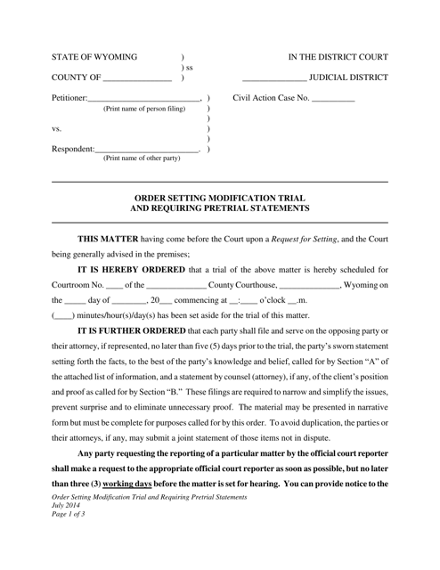 Order Setting Modification Trial and Requiring Pretrial Statements - Wyoming Download Pdf