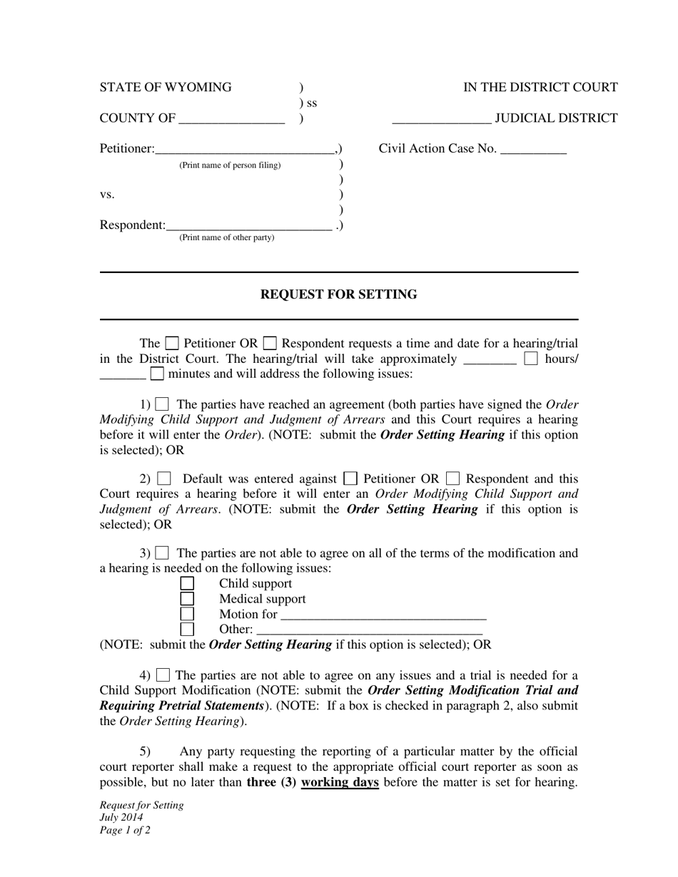 Request for Setting - Child Support Modification - Wyoming, Page 1