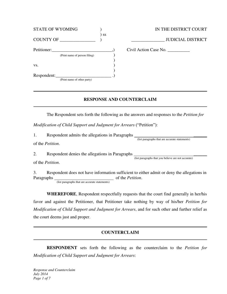 Response and Counterclaim - Child Support Modification - Wyoming, Page 1