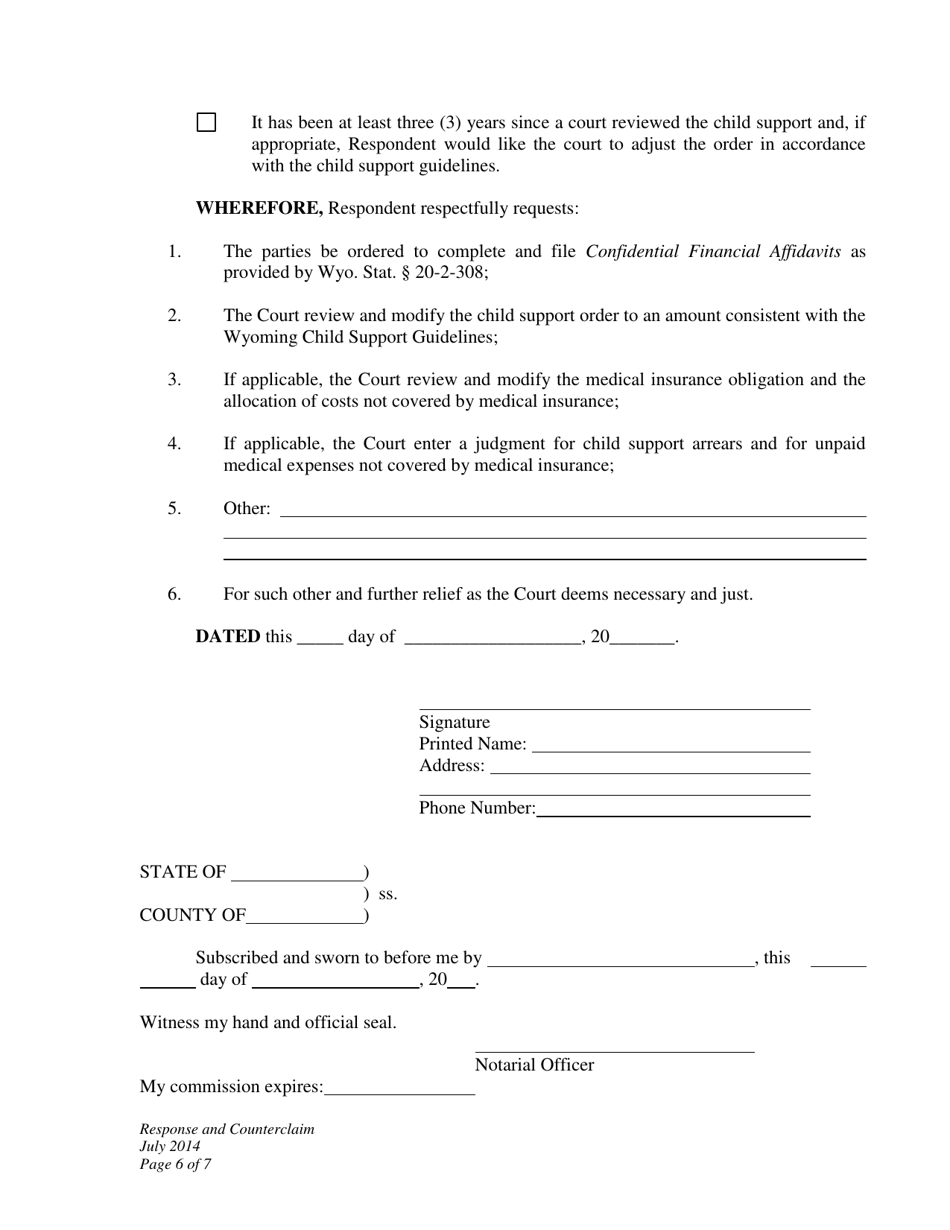 Response and Counterclaim - Child Support Modification - Wyoming, Page 6