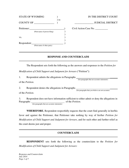 Response and Counterclaim - Child Support Modification - Wyoming Download Pdf